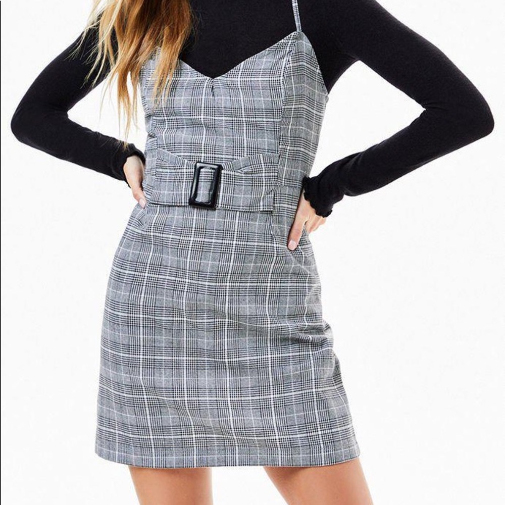 Gray Plaid Belted Mini Dress